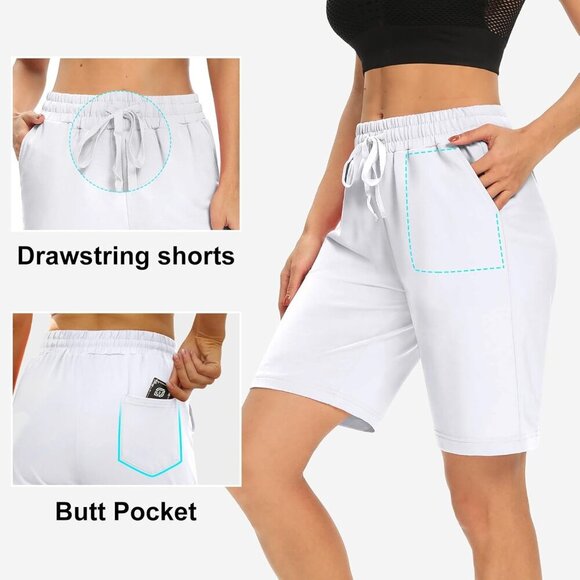 New Womens Yoga Shorts Loose Comfy Drawstring Bermuda Shorts with 3 Pockets Whit - Picture 4 of 5